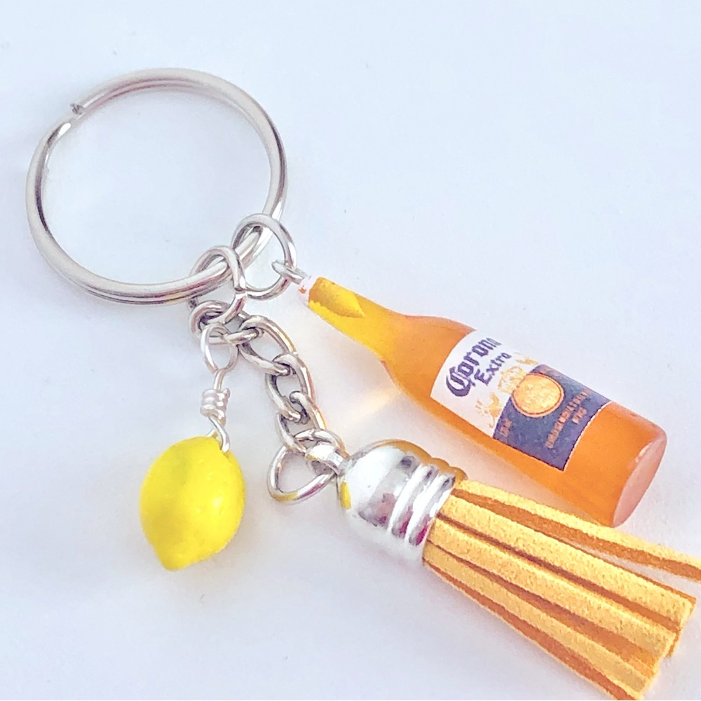 New Corona Beer Bottle Czech Glass Lemon Charm Dangling Keychain Yellow Tassel